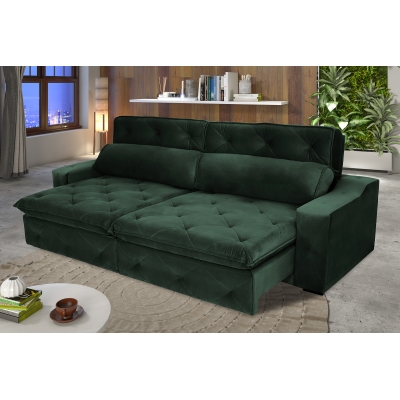 Sofá 3 Lugares Retrátil e Reclinável Molejo Duplo com Pillow 2,10 Gold Veludo Premium Verde Esmeralda