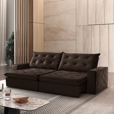 Sofá 3 Lugares Retrátil e Reclinável com Pillow e Molas Ensacadas 2,10m Paris Veludo Premium Marrom