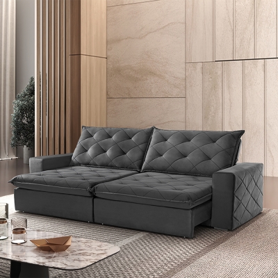Sofá 5 Lugares Retrátil e Reclinável Com Pillow e Molas Ensacadas 2,70m Paris Veludo Premium Cinza