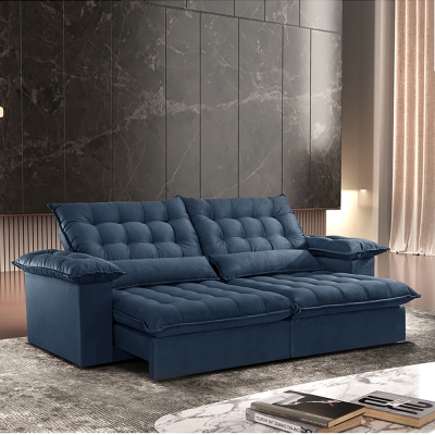 Sofá 4 Lugares Retrátil E Reclinável E Molas Com Pillow E Rineira 2,50m Toro Veludo Premium Azul