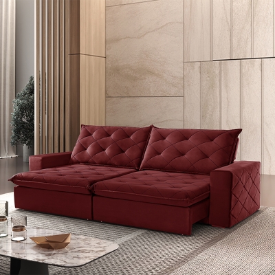Sofá 4 Lugares Retrátil e Reclinável Com Pillow e Molas Ensacadas 2,30m Paris Veludo Premium Bordô