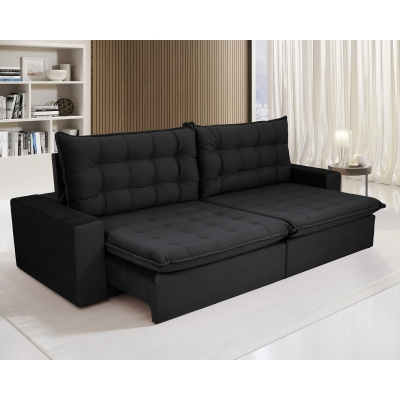 Sofá 3 Lugares Retrátil e Reclinável com Pillow de 14cm Espuma Duque 2,10m Veludo Premium Preto