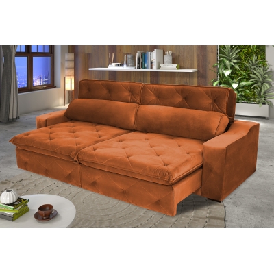 Sofá 3 Lugares Retrátil e Reclinável Molejo Duplo com Pillow 2,10 Gold Veludo Premium Caramelo