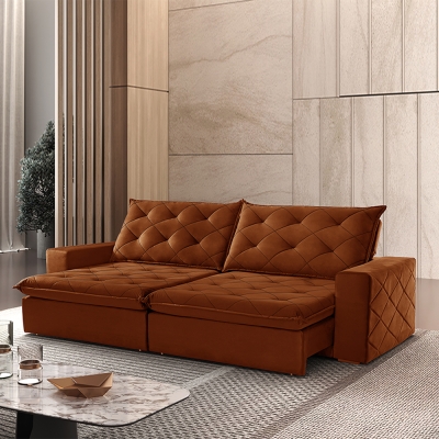 Sofá 3 Lugares Retrátil e Reclinável com Pillow e Molas Ensacadas 2,10m Paris Veludo Premium Caramelo