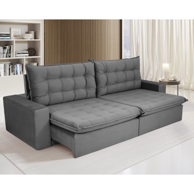 Sofá 3 Lugares Retrátil e Reclinável com Pillow de 14cm Espuma Duque 2,10m Veludo Premium Cinza