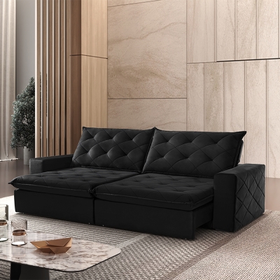 Sofá 4 Lugares Retrátil e Reclinável Com Pillow e Molas Ensacadas 2,30m Paris Veludo Premium Preto