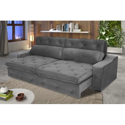 Sofá 5 Lugares Retrátil e Reclinável Molejo Duplo Com Pillow 2,90 Gold Veludo Premium Cinza