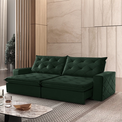 Sofá 5 Lugares Retrátil e Reclinável Com Pillow e Molas Ensacadas 2,90m Paris Veludo Premium Verde Esmeralda