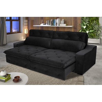 Sofá 5 Lugares Retrátil e Reclinável Molejo Duplo Com Pillow 2,90 Gold Veludo Premium Preto